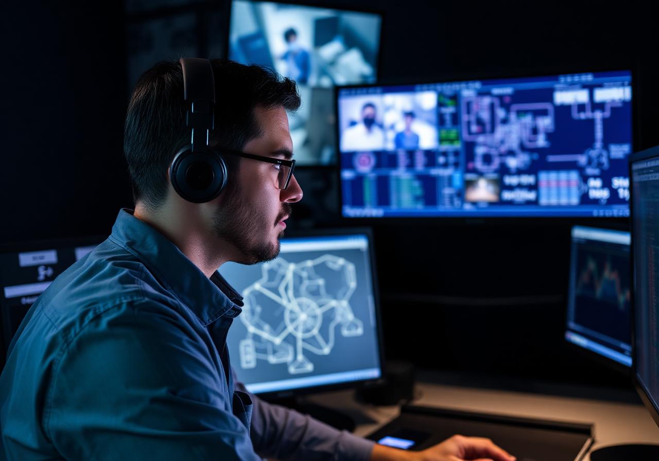 Engineer reviewing camera feeds and network topology in a control room