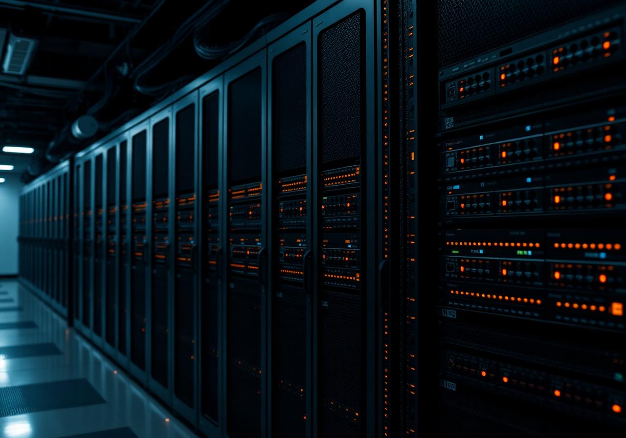 Network operations data center with rows of equipment racks