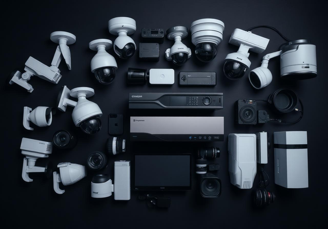 Top-down arrangement of professional surveillance equipment