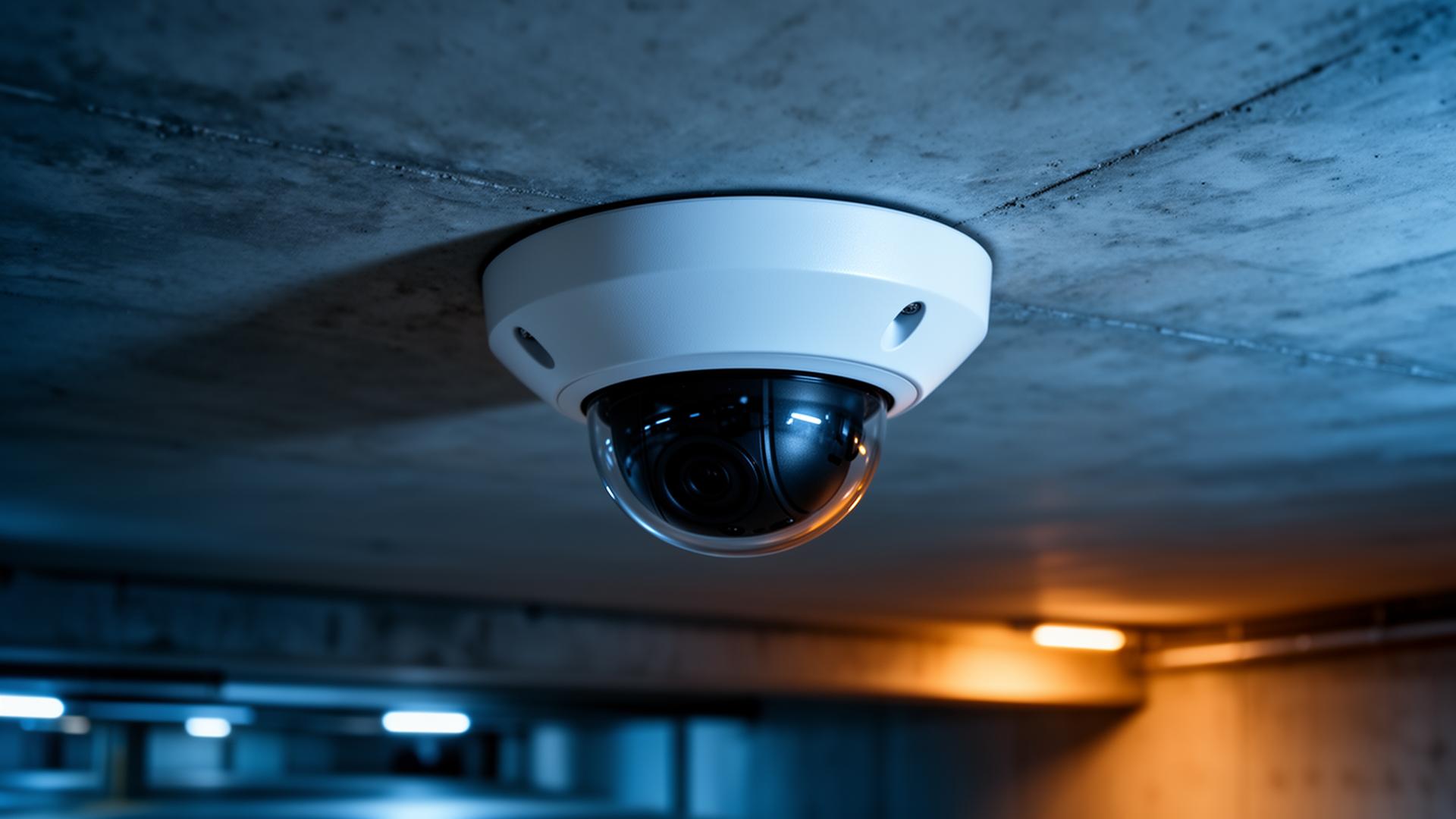 Professional dome security camera mounted to a concrete ceiling
