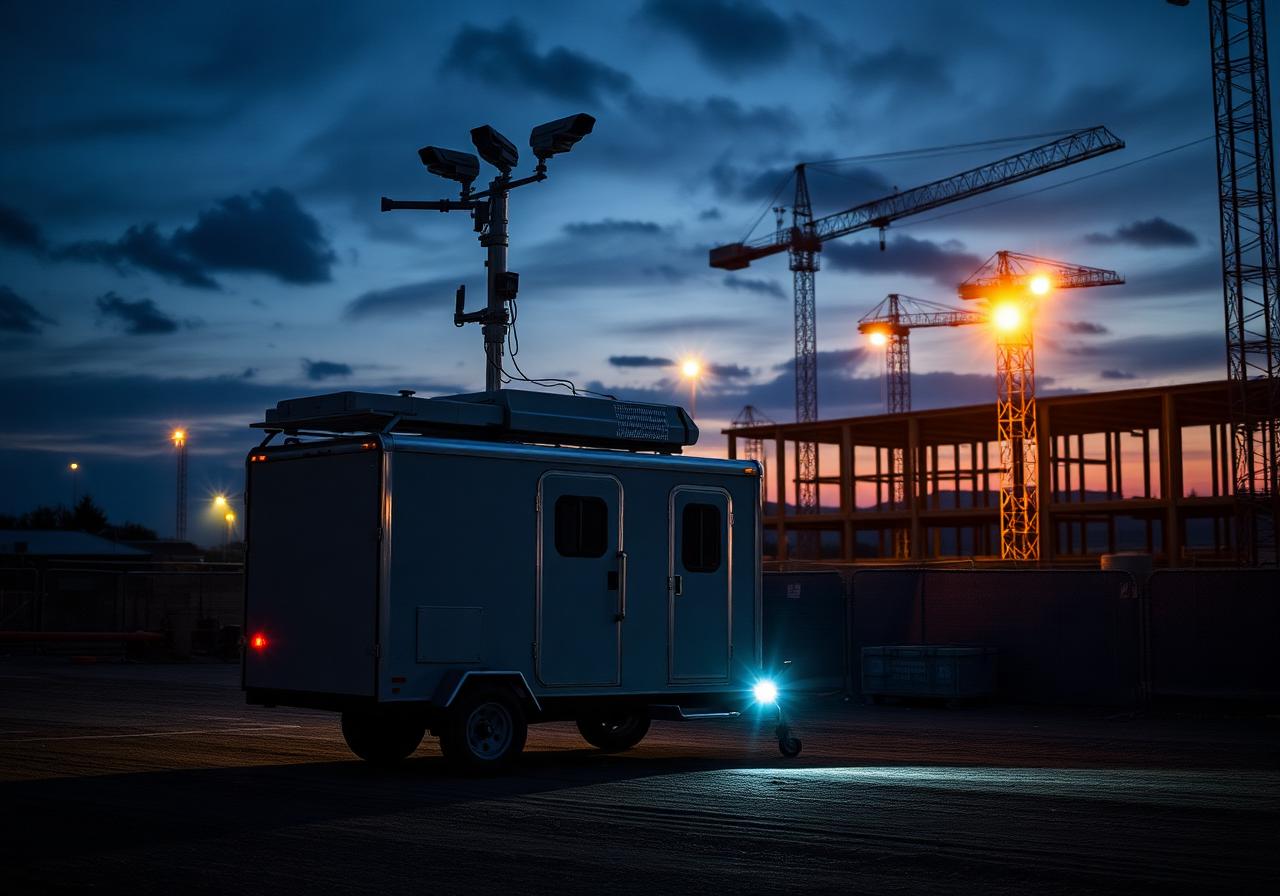 Mobile surveillance trailer with mast-mounted PTZ cameras at a construction site at dusk