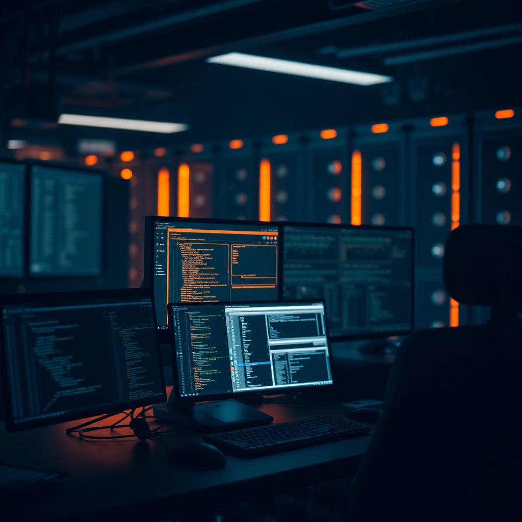 Developer workstation with code and video dashboards in a dim server room